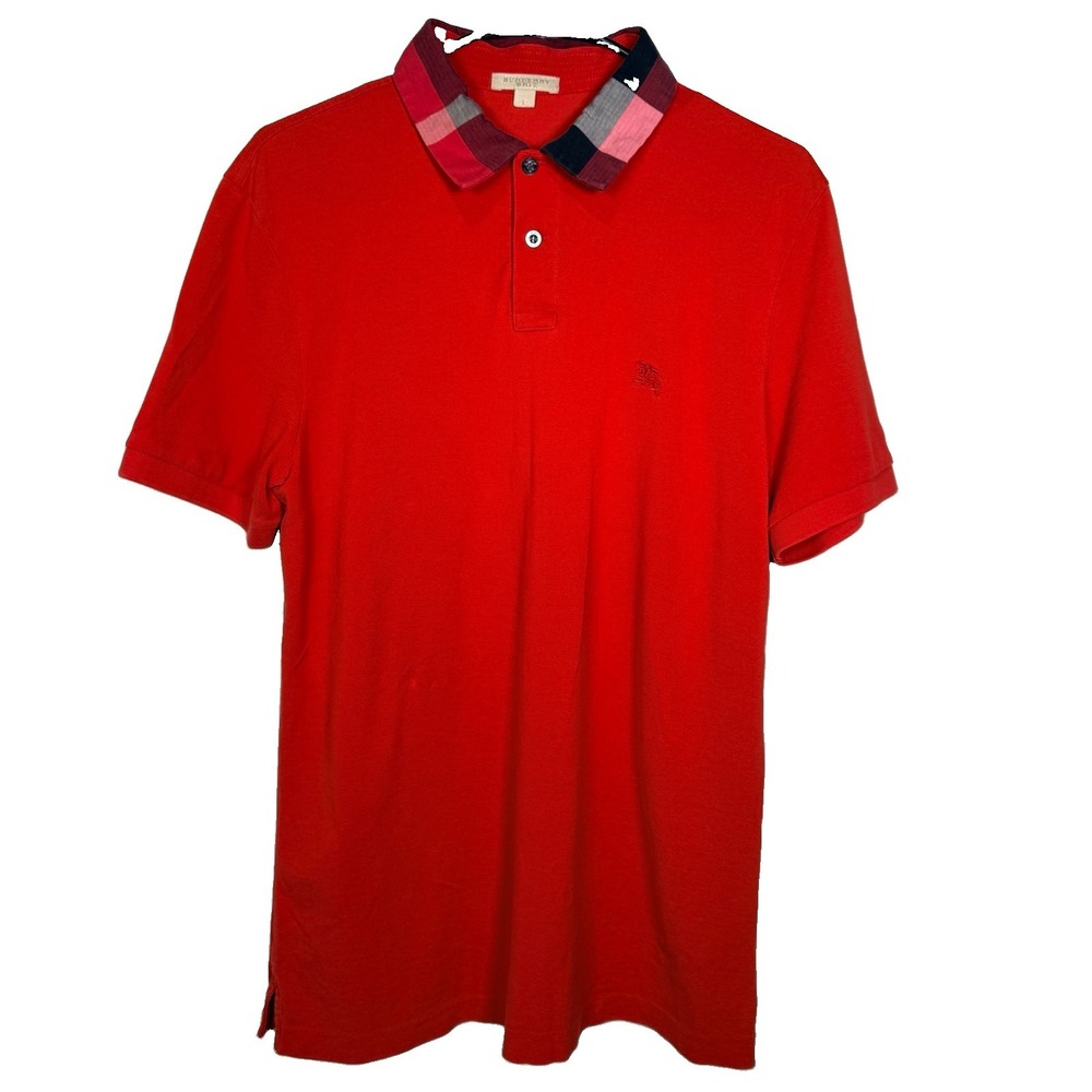 Burberry Brit Polo Shirt Mens L Red Nova Check Collar Equestrian Knight Cotton